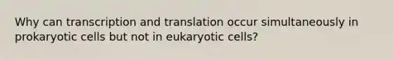 Why can transcription and translation occur simultaneously in prokaryotic cells but not in eukaryotic cells?