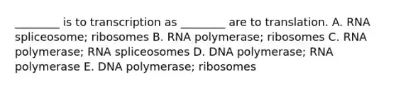 ________ is to transcription as ________ are to translation. A. RNA spliceosome; ribosomes B. RNA polymerase; ribosomes C. RNA polymerase; RNA spliceosomes D. DNA polymerase; RNA polymerase E. DNA polymerase; ribosomes