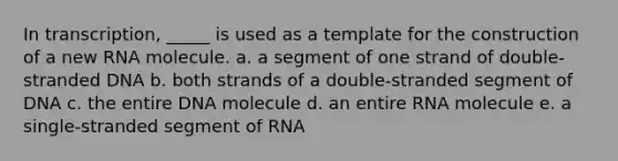 In transcription, _____ is used as a template for the construction of a new RNA molecule. a. a segment of one strand of double-stranded DNA b. both strands of a double-stranded segment of DNA c. the entire DNA molecule d. an entire RNA molecule e. a single-stranded segment of RNA