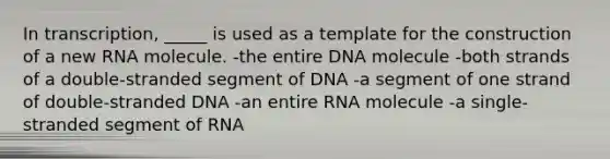 In transcription, _____ is used as a template for the construction of a new RNA molecule. -the entire DNA molecule -both strands of a double-stranded segment of DNA -a segment of one strand of double-stranded DNA -an entire RNA molecule -a single-stranded segment of RNA