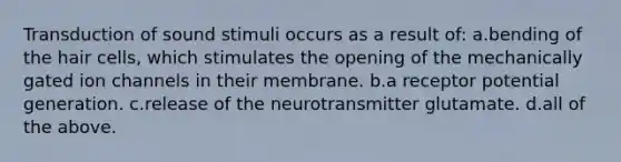 Transduction of sound stimuli occurs as a result of: a.bending of the hair cells, which stimulates the opening of the mechanically gated ion channels in their membrane. b.a receptor potential generation. c.release of the neurotransmitter glutamate. d.all of the above.