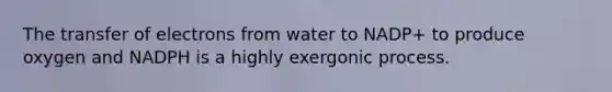 The transfer of electrons from water to NADP+ to produce oxygen and NADPH is a highly exergonic process.