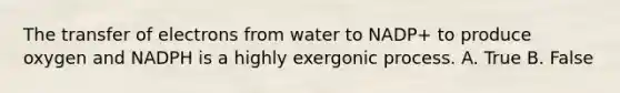 The transfer of electrons from water to NADP+ to produce oxygen and NADPH is a highly exergonic process. A. True B. False