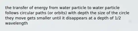 the transfer of energy from water particle to water particle follows circular paths (or orbits) with depth the size of the circle they move gets smaller until it disappears at a depth of 1/2 wavelength