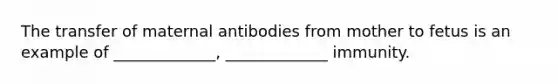 The transfer of maternal antibodies from mother to fetus is an example of _____________, _____________ immunity.