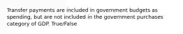 Transfer payments are included in government budgets as spending, but are not included in the government purchases category of GDP. True/False