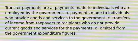 Transfer payments are a. payments made to individuals who are employed by the government. b. payments made to individuals who provide goods and services to the government. c. transfers of income from taxpayers to recipients who do not provide current goods and services for the payments. d. omitted from the government expenditure figures.