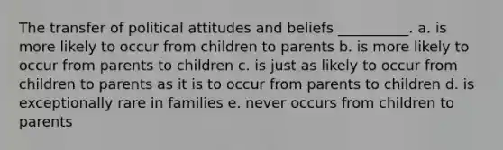 The transfer of political attitudes and beliefs __________. a. is more likely to occur from children to parents b. is more likely to occur from parents to children c. is just as likely to occur from children to parents as it is to occur from parents to children d. is exceptionally rare in families e. never occurs from children to parents