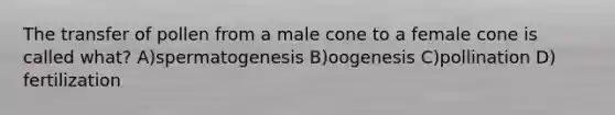 The transfer of pollen from a male cone to a female cone is called what? A)spermatogenesis B)oogenesis C)pollination D) fertilization