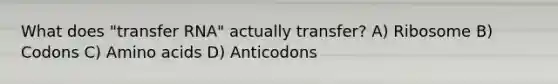 What does "<a href='https://www.questionai.com/knowledge/kYREgpZMtc-transfer-rna' class='anchor-knowledge'>transfer rna</a>" actually transfer? A) Ribosome B) Codons C) <a href='https://www.questionai.com/knowledge/k9gb720LCl-amino-acids' class='anchor-knowledge'>amino acids</a> D) Anticodons