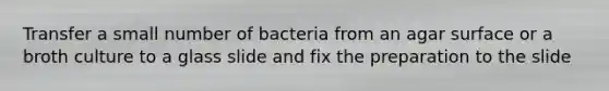 Transfer a small number of bacteria from an agar surface or a broth culture to a glass slide and fix the preparation to the slide