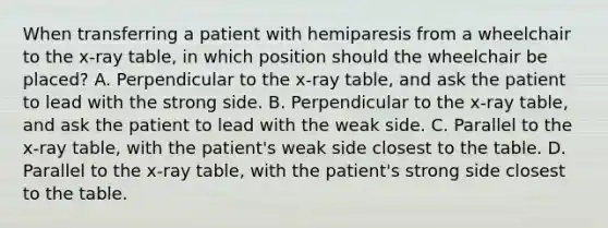 When transferring a patient with hemiparesis from a wheelchair to the x-ray table, in which position should the wheelchair be placed? A. Perpendicular to the x-ray table, and ask the patient to lead with the strong side. B. Perpendicular to the x-ray table, and ask the patient to lead with the weak side. C. Parallel to the x-ray table, with the patient's weak side closest to the table. D. Parallel to the x-ray table, with the patient's strong side closest to the table.