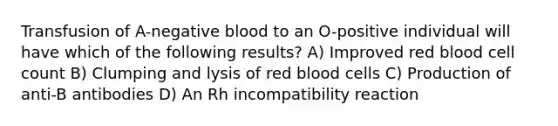 Transfusion of A-negative blood to an O-positive individual will have which of the following results? A) Improved red blood cell count B) Clumping and lysis of red blood cells C) Production of anti-B antibodies D) An Rh incompatibility reaction