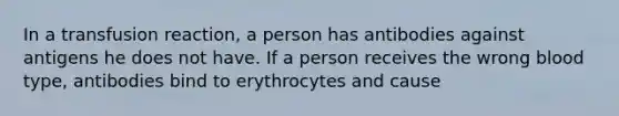 In a transfusion reaction, a person has antibodies against antigens he does not have. If a person receives the wrong blood type, antibodies bind to erythrocytes and cause