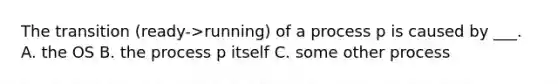 The transition (ready->running) of a process p is caused by ___. A. the OS B. the process p itself C. some other process