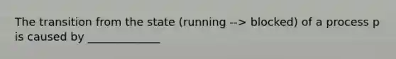 The transition from the state (running --> blocked) of a process p is caused by _____________