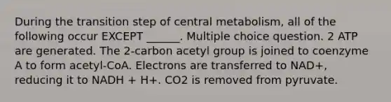 During the transition step of central metabolism, all of the following occur EXCEPT ______. Multiple choice question. 2 ATP are generated. The 2-carbon acetyl group is joined to coenzyme A to form acetyl-CoA. Electrons are transferred to NAD+, reducing it to NADH + H+. CO2 is removed from pyruvate.