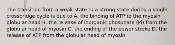 The transition from a weak state to a strong state during a single crossbridge cycle is due to A. the binding of ATP to the myosin globular head B. the release of inorganic phosphate (Pi) from the globular head of myosin C. the ending of the power stroke D. the release of ATP from the globular head of myosin