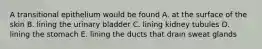 A transitional epithelium would be found A. at the surface of the skin B. lining the urinary bladder C. lining kidney tubules D. lining the stomach E. lining the ducts that drain sweat glands