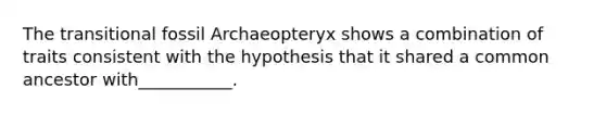 The transitional fossil Archaeopteryx shows a combination of traits consistent with the hypothesis that it shared a common ancestor with___________.