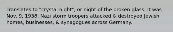 Translates to "crystal night", or night of the broken glass. It was Nov. 9, 1938. Nazi storm troopers attacked & destroyed Jewish homes, businesses, & synagogues across Germany.