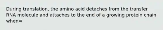 During translation, the amino acid detaches from the transfer RNA molecule and attaches to the end of a growing protein chain when=