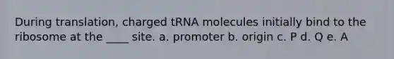 During translation, charged tRNA molecules initially bind to the ribosome at the ____ site. a. promoter b. origin c. P d. Q e. A