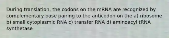 During translation, the codons on the mRNA are recognized by complementary base pairing to the anticodon on the a) ribosome b) small cytoplasmic RNA c) transfer RNA d) aminoacyl tRNA synthetase