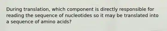 During translation, which component is directly responsible for reading the sequence of nucleotides so it may be translated into a sequence of amino acids?