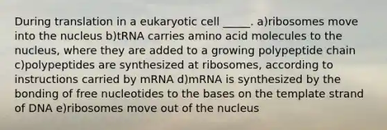 During translation in a eukaryotic cell _____. a)ribosomes move into the nucleus b)tRNA carries amino acid molecules to the nucleus, where they are added to a growing polypeptide chain c)polypeptides are synthesized at ribosomes, according to instructions carried by mRNA d)mRNA is synthesized by the bonding of free nucleotides to the bases on the template strand of DNA e)ribosomes move out of the nucleus