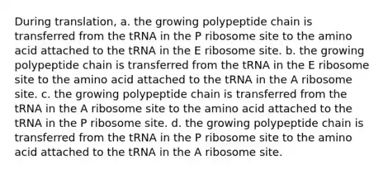 During translation, a. the growing polypeptide chain is transferred from the tRNA in the P ribosome site to the amino acid attached to the tRNA in the E ribosome site. b. the growing polypeptide chain is transferred from the tRNA in the E ribosome site to the amino acid attached to the tRNA in the A ribosome site. c. the growing polypeptide chain is transferred from the tRNA in the A ribosome site to the amino acid attached to the tRNA in the P ribosome site. d. the growing polypeptide chain is transferred from the tRNA in the P ribosome site to the amino acid attached to the tRNA in the A ribosome site.