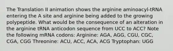 The Translation II animation shows the arginine aminoacyl-tRNA entering the A site and arginine being added to the growing polypeptide. What would be the consequence of an alteration in the arginine tRNA anticodon sequence from UCC to ACC? Note the following mRNA codons: Arginine: AGA, AGG, CGU, CGC, CGA, CGG Threonine: ACU, ACC, ACA, ACG Tryptophan: UGG