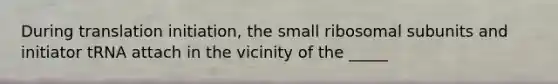 During translation initiation, the small ribosomal subunits and initiator tRNA attach in the vicinity of the _____