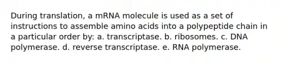 During translation, a mRNA molecule is used as a set of instructions to assemble amino acids into a polypeptide chain in a particular order by: a. transcriptase. b. ribosomes. c. DNA polymerase. d. reverse transcriptase. e. RNA polymerase.