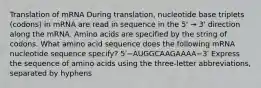 Translation of mRNA During translation, nucleotide base triplets (codons) in mRNA are read in sequence in the 5' → 3' direction along the mRNA. Amino acids are specified by the string of codons. What amino acid sequence does the following mRNA nucleotide sequence specify? 5′−AUGGCAAGAAAA−3′ Express the sequence of amino acids using the three-letter abbreviations, separated by hyphens