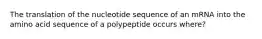 The translation of the nucleotide sequence of an mRNA into the amino acid sequence of a polypeptide occurs where?