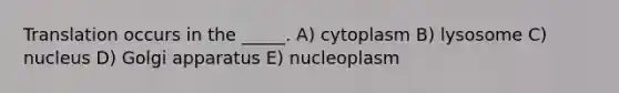 Translation occurs in the _____. A) cytoplasm B) lysosome C) nucleus D) Golgi apparatus E) nucleoplasm