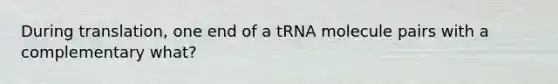 During translation, one end of a tRNA molecule pairs with a complementary what?