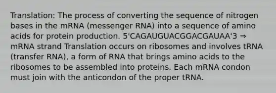 Translation: The process of converting the sequence of nitrogen bases in the mRNA (messenger RNA) into a sequence of amino acids for protein production. 5'CAGAUGUACGGACGAUAA'3 ⇒ mRNA strand Translation occurs on ribosomes and involves tRNA (transfer RNA), a form of RNA that brings amino acids to the ribosomes to be assembled into proteins. Each mRNA condon must join with the anticondon of the proper tRNA.