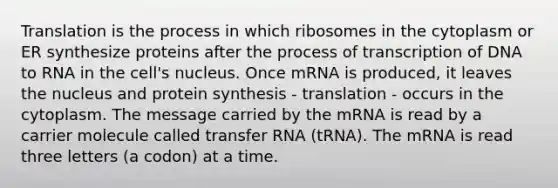 Translation is the process in which ribosomes in the cytoplasm or ER synthesize proteins after the process of transcription of DNA to RNA in the cell's nucleus. Once mRNA is produced, it leaves the nucleus and protein synthesis - translation - occurs in the cytoplasm. The message carried by the mRNA is read by a carrier molecule called transfer RNA (tRNA). The mRNA is read three letters (a codon) at a time.