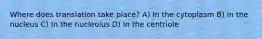 Where does translation take place? A) In the cytoplasm B) In the nucleus C) In the nucleolus D) In the centriole