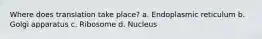 Where does translation take place? a. Endoplasmic reticulum b. Golgi apparatus c. Ribosome d. Nucleus