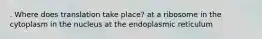 . Where does translation take place? at a ribosome in the cytoplasm in the nucleus at the endoplasmic reticulum