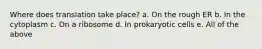 Where does translation take place? a. On the rough ER b. In the cytoplasm c. On a ribosome d. In prokaryotic cells e. All of the above