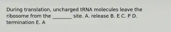 During translation, uncharged tRNA molecules leave the ribosome from the ________ site. A. release B. E C. P D. termination E. A