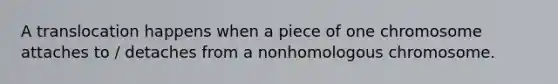 A translocation happens when a piece of one chromosome attaches to / detaches from a nonhomologous chromosome.