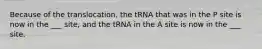 Because of the translocation, the tRNA that was in the P site is now in the ___ site, and the tRNA in the A site is now in the ___ site.