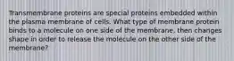 Transmembrane proteins are special proteins embedded within the plasma membrane of cells. What type of membrane protein binds to a molecule on one side of the membrane, then changes shape in order to release the molecule on the other side of the membrane?