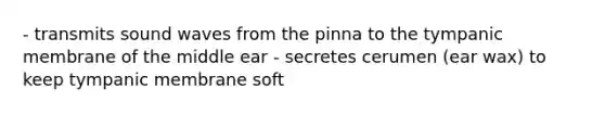 - transmits sound waves from the pinna to the tympanic membrane of the middle ear - secretes cerumen (ear wax) to keep tympanic membrane soft