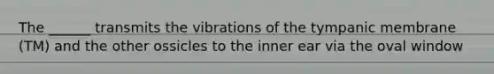 The ______ transmits the vibrations of the tympanic membrane (TM) and the other ossicles to the inner ear via the oval window